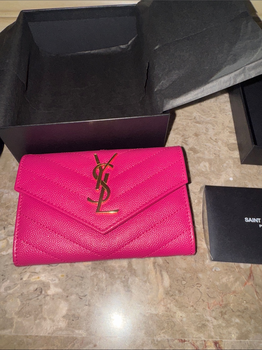Saint Laurent Fuchsia Chevron Quilted Wallet with Gold YSL Emblem - Picture 2 of 10